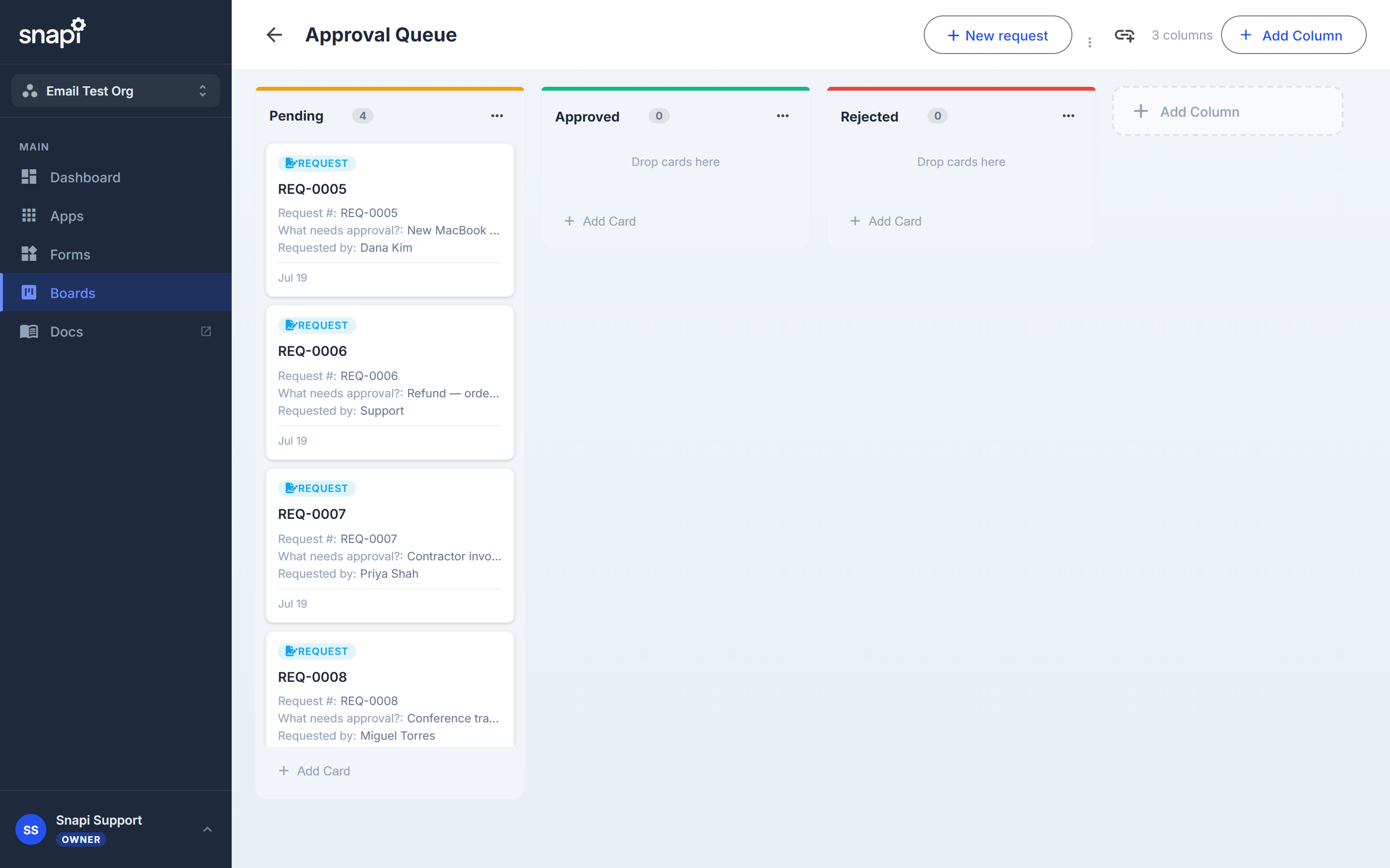 Approval Queue board with four pending requests in the Pending column