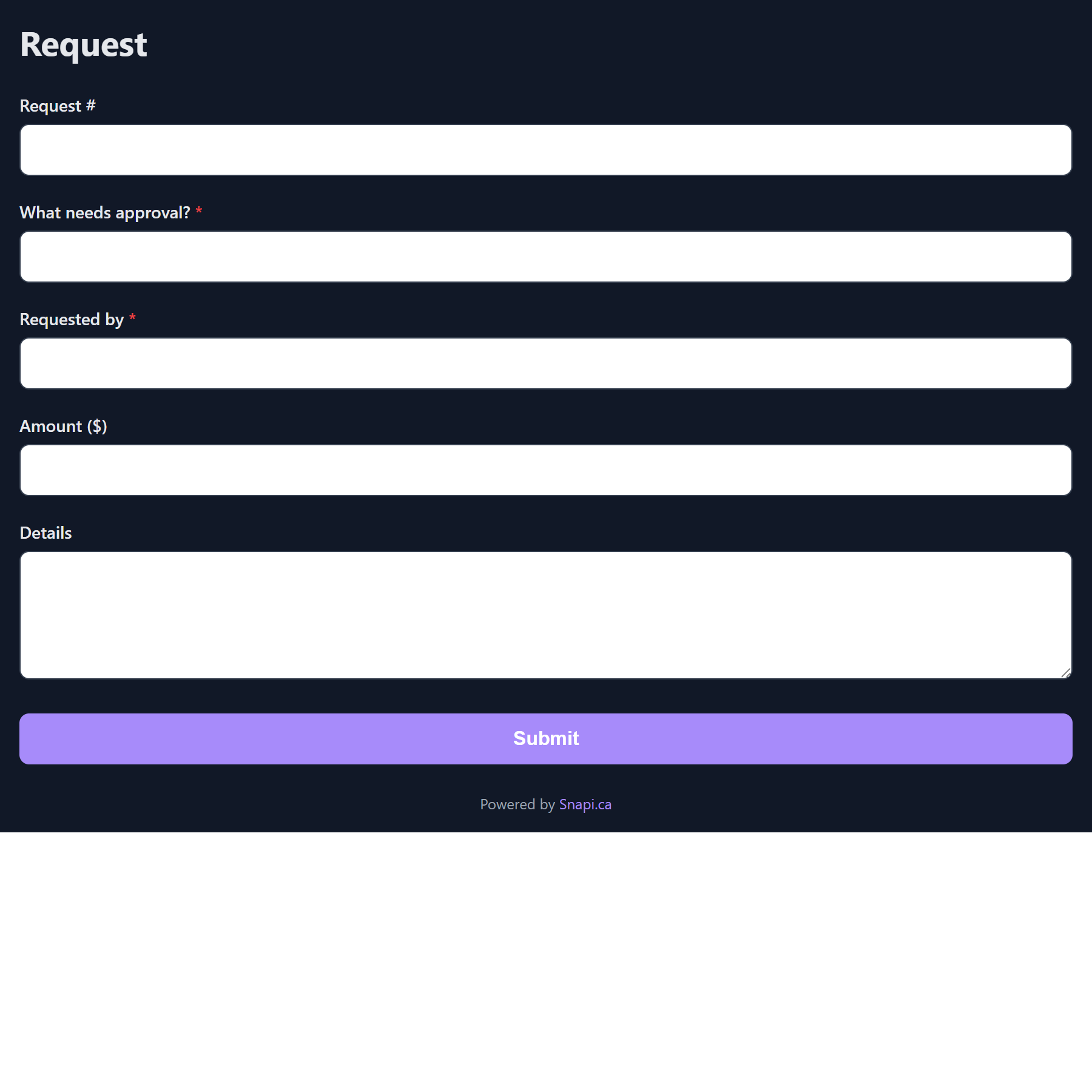 A public request page styled with a custom dark theme and purple submit button