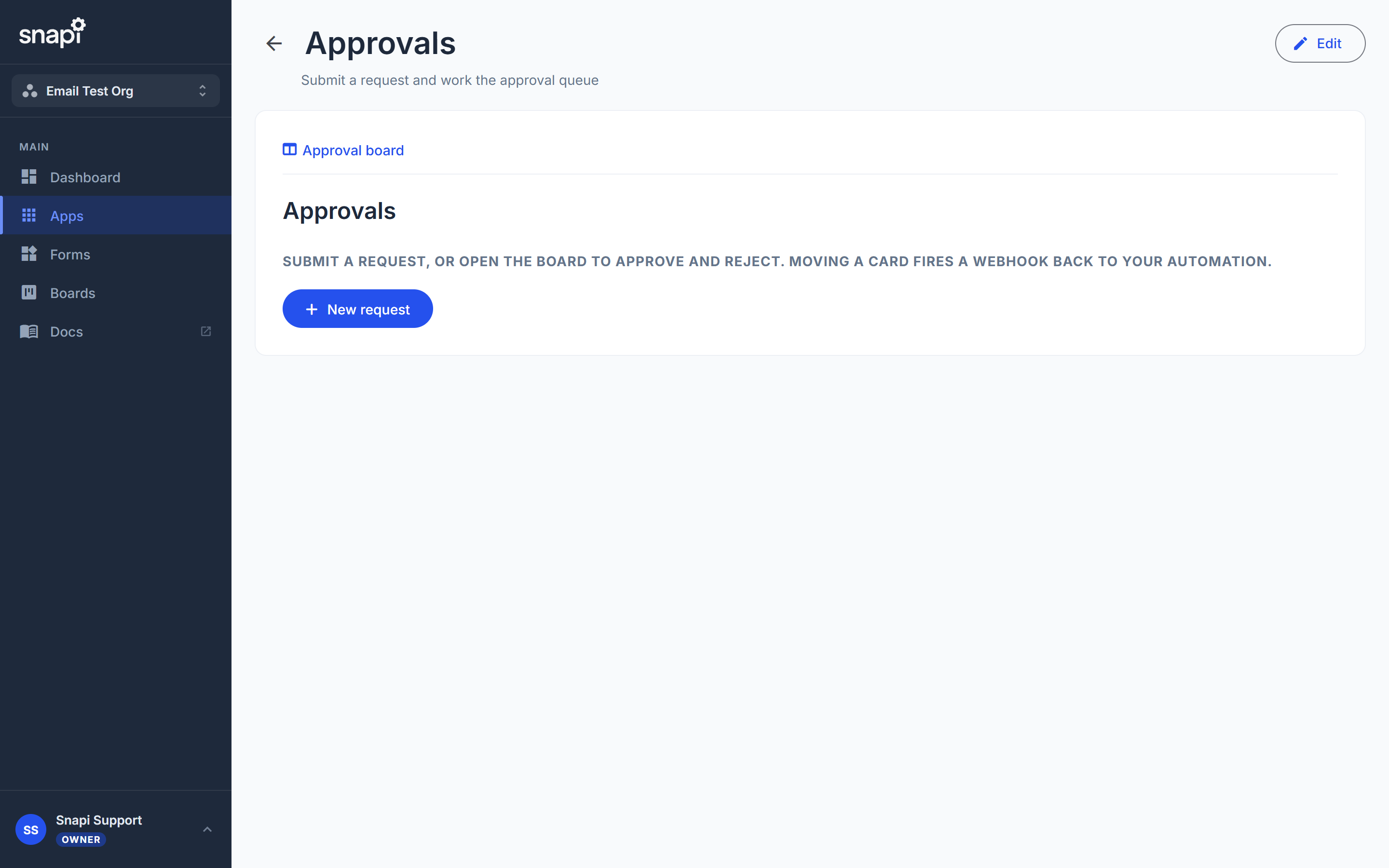 Approvals hub app in Snapi, with a link to the approval board and a New request button
