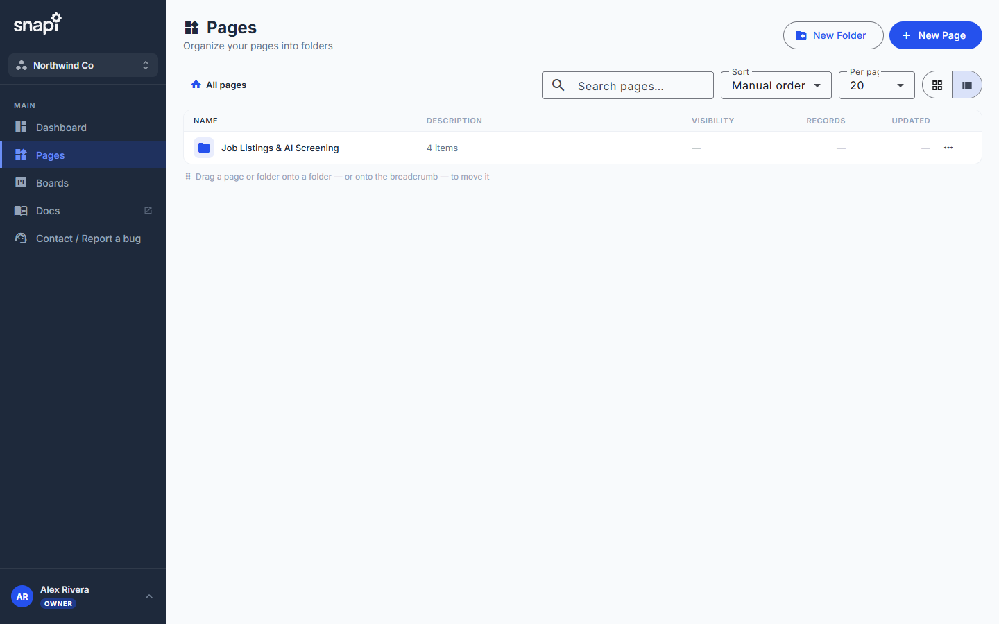 The Pages screen after installing, showing the Job Listings & AI Screening folder with 4 items