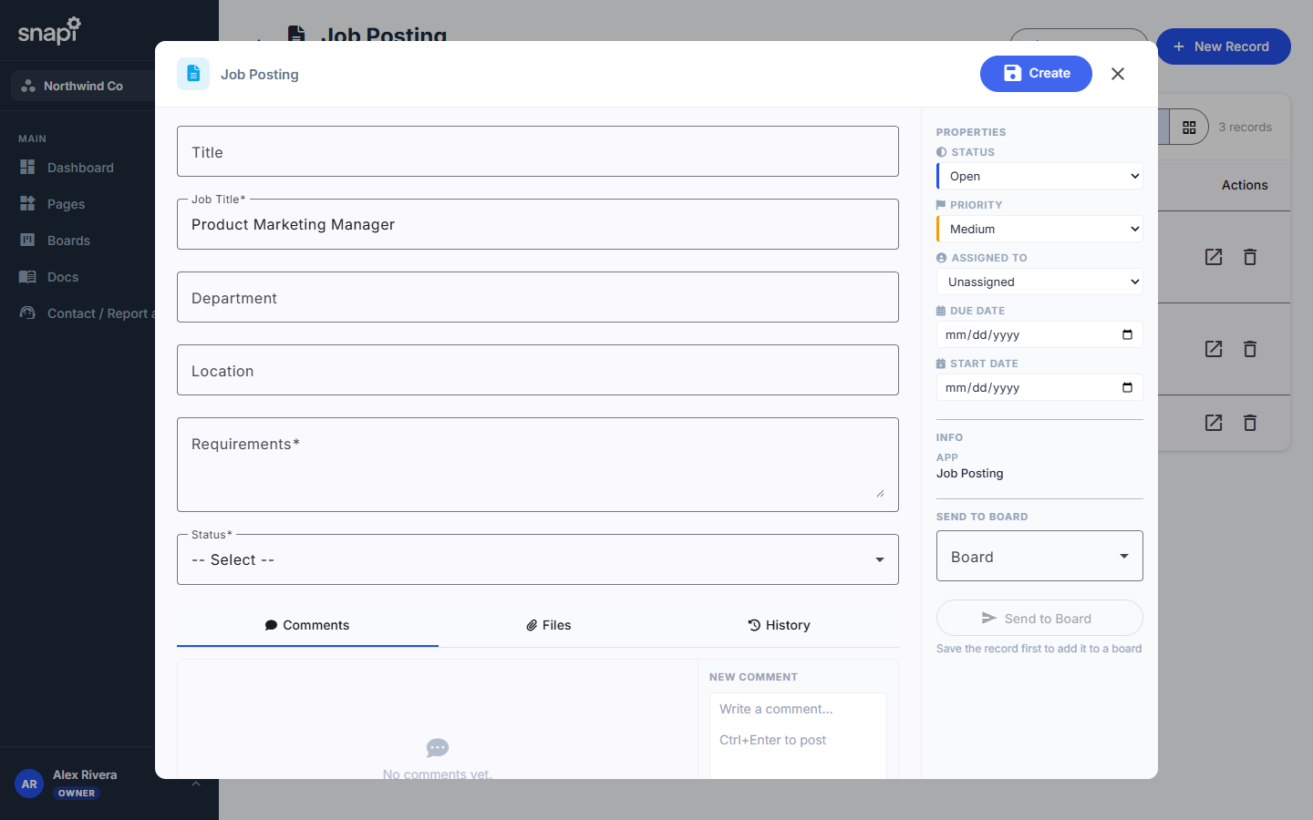 The Job Posting form open with Job Title filled in as Product Marketing Manager