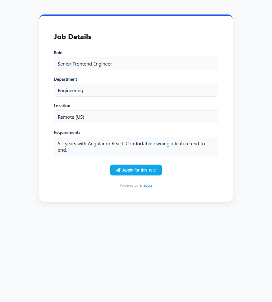Public Job Detail page showing the Senior Frontend Engineer role's full description