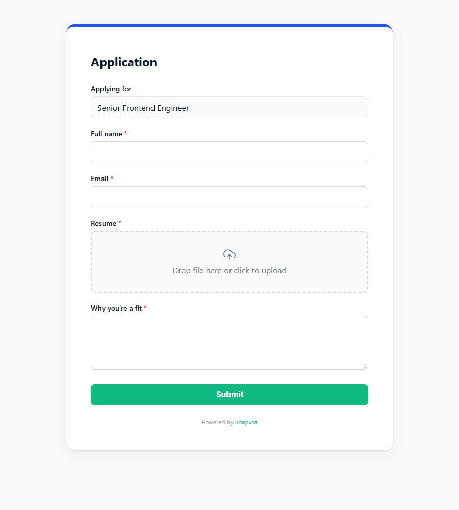 Public Application page with Applying for pre-filled as Senior Frontend Engineer