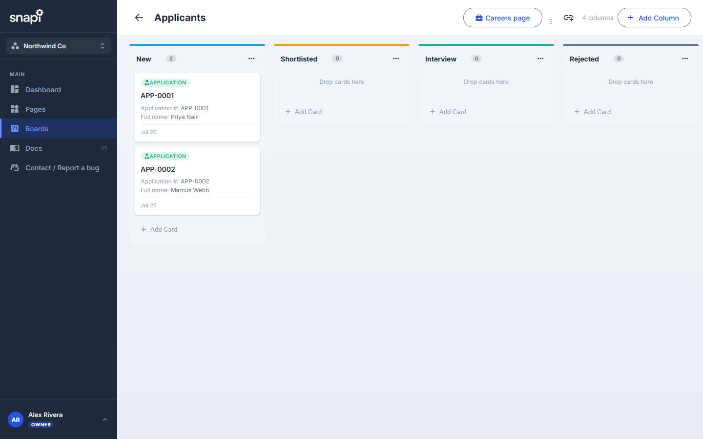 The internal Applicants kanban board with two application cards in the New column
